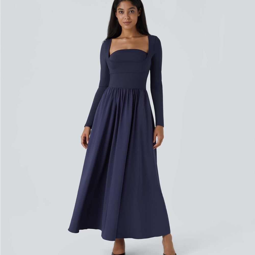 Halara Breezeful Square Neck Long Sleeve Pocket Flowy Maxi Dress SZ L NWOT